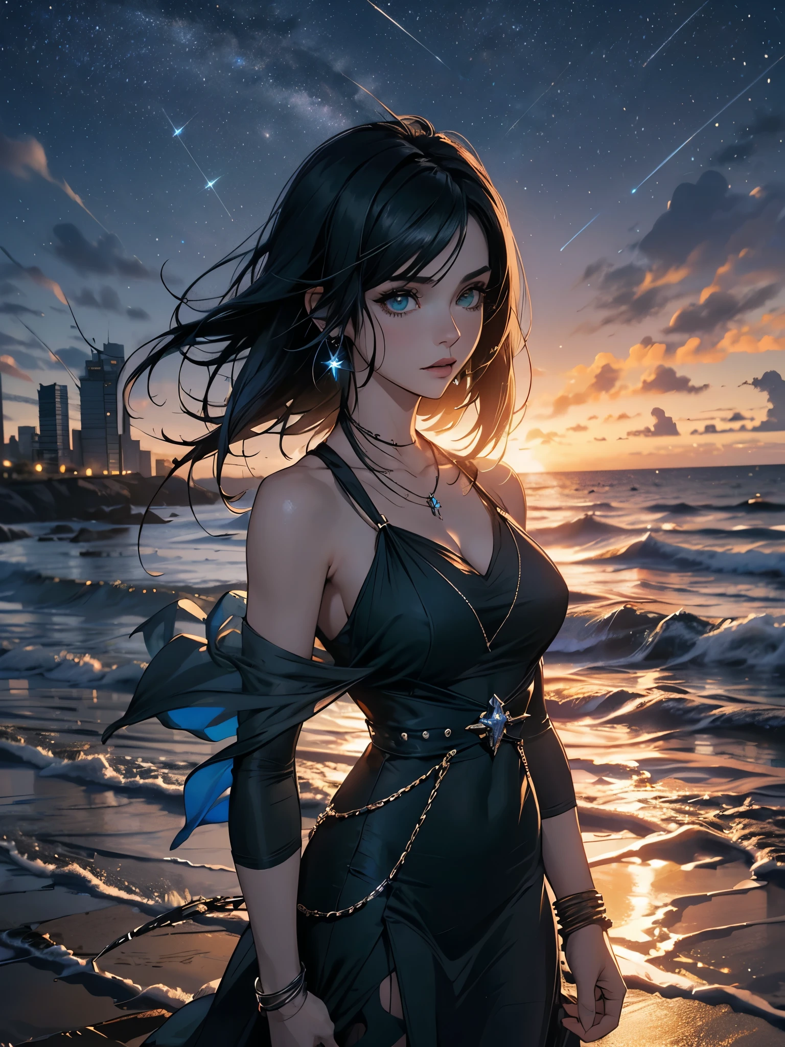 Tifa lockhart, stilo mksks, (sehr detaillierter Hintergrund:1.0), (sehr detaillierter Hintergrund:1.0), Final Fantasy VII-Neuauflage, (rote Augen), 1 Mädchen, nackten Schultern, aqua kleid, schwarzes Haar, grünes Kleid, ärmellos dress , Sommerkleid, Haus, lange Haare, Nacht, Nacht Himmel, offener Mund, draußen, Pferdeschwanz, sitzend, Himmel, ärmellos, ärmellos dress, Stern (Himmel), Sternry Himmel, Stadt, alt, kleine Brüste, ((weiße Rüschen)), (weißes Kleid), 