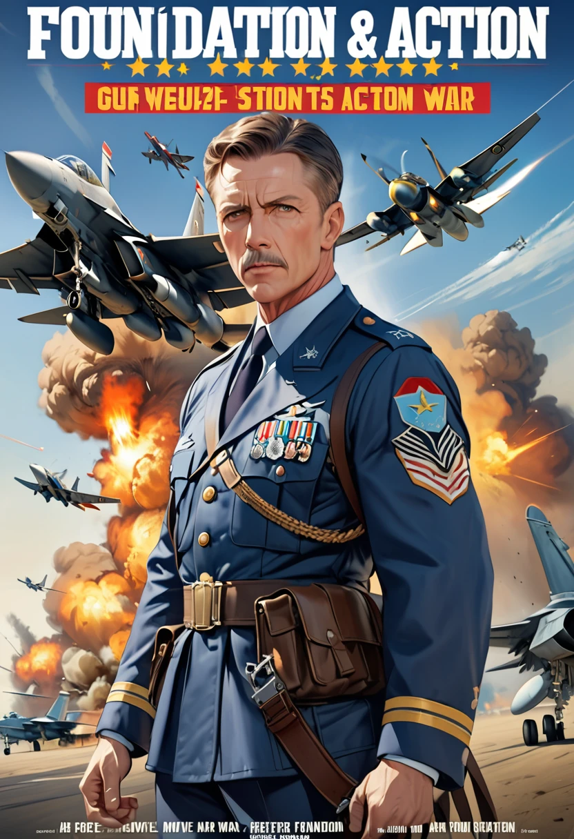 Realistic,Proper attire,(Fighter Action War Movie Poster),(Foundation Movie Reference: 1.8),Realistic,Air Force General&#39;s Uniform,(Realistic Face Resolution),Movie Poses,Adult,skinny,small,Long Hair Dark Blonde 1 Woman,Serious face,SF,Science fiction,Various supporting characters