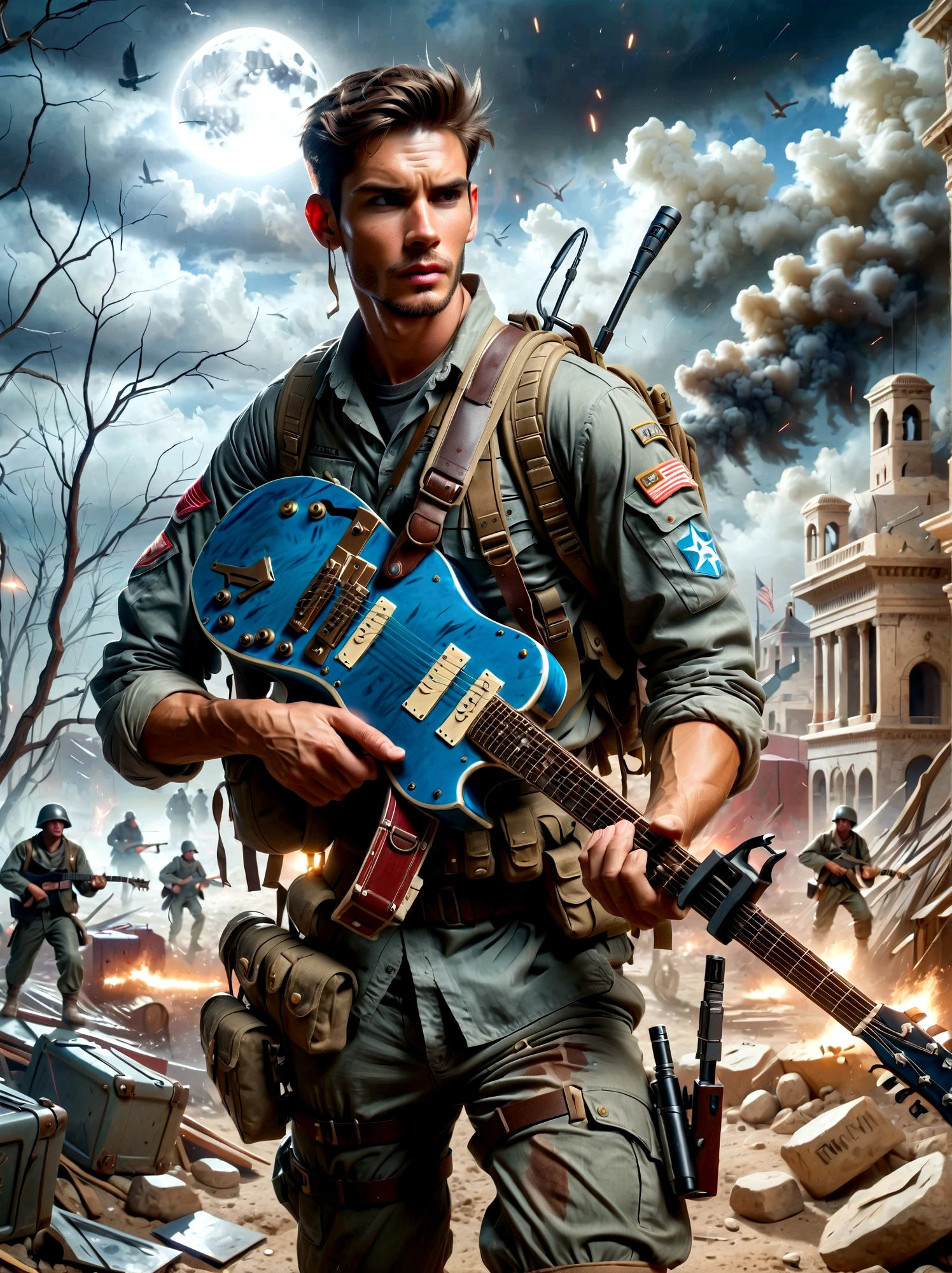 Brave soldiers，(holding an assault rifle: 1.3), (carrying a guitar on his back: 1.5), Fierce Battle，Battles with Israel&#39;s enemies，Harsh war conditions，Skirmishers，A month-long battle，battle scars，Shrapnel woundedal of Honor，rugged terrain，Fierce Battle，Determined expression，Realistic details，War-torn environment，Heroic Act，Muddy and worn out，Smoke and debris，Dramatic lighting，Vivid colors，Highly detailed epic battle sceneasterpiece：2)，best quality，Super high altitude，original，Extremely detailed，Perfect lighting。