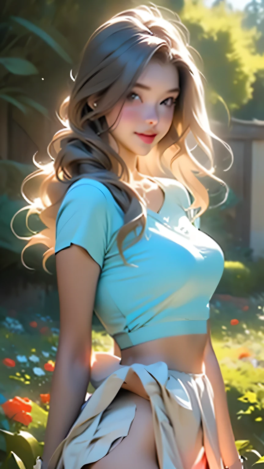 Pixel Art Generates beautiful and serene garden images, With colorful flowers, Gentle creek, and the sounds of nature. Showing calm, Life, And the beauty of a perfect day. {high quality}, Octane Rendering, Ultra HD, Depth of written boundary, amazing, Cinematic,One girl, Cute Face, alone, feiyufu, masterpiece, 最high quality, high quality, High resolution, Big , ((Face close-up)), (Pastel blue short skirt､White shirt)