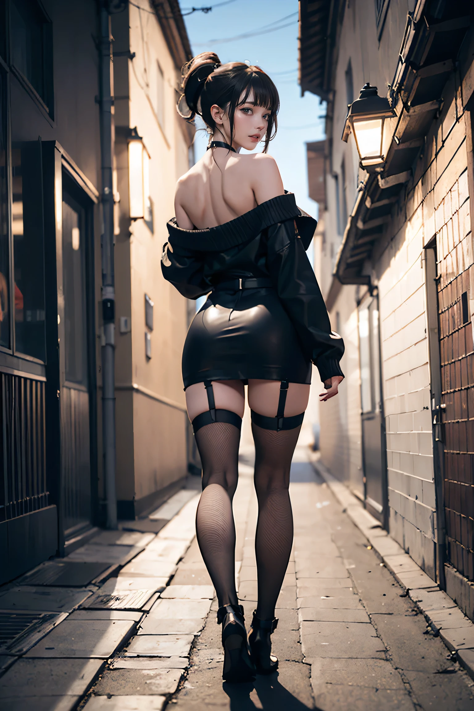 (((nsfw0.8))),Looking at the camera,(((highest quality, 8k, masterpiece))), ponytail,Sharp focus, (Beautiful woman with perfect figure), thin, (Hairstyle: Excellent)), ((Back alley at night)), street: 1.2 Highly detailed face and skin texture Detailed eyes double eyelid random pose, (smile), Realistic Face, double eyelid,smile, Cyberpunk City , At sunset , Beautiful Teeth , Thigh straps, Wear a leather jacket、Off-the-shoulder sweater、Grey vertical rib sweater dress、Fishnet tights、garter belt、Night view、Full Body Shot, Centered,