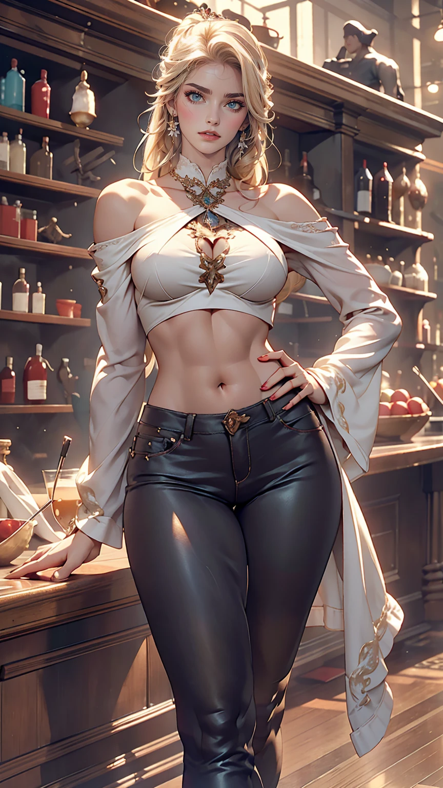 24-year-old female、White、Straight Hair、Sexy proportions、Beautiful breasts、Slender figure、Reddish、blue eyes、Wear off-the-shoulder tops、Lower milk visible、Navel visible、Wear low rise leggings、Wear stiletto heels、Place your hands on your hips、smile、Skyscraper background、Cowboy Shot