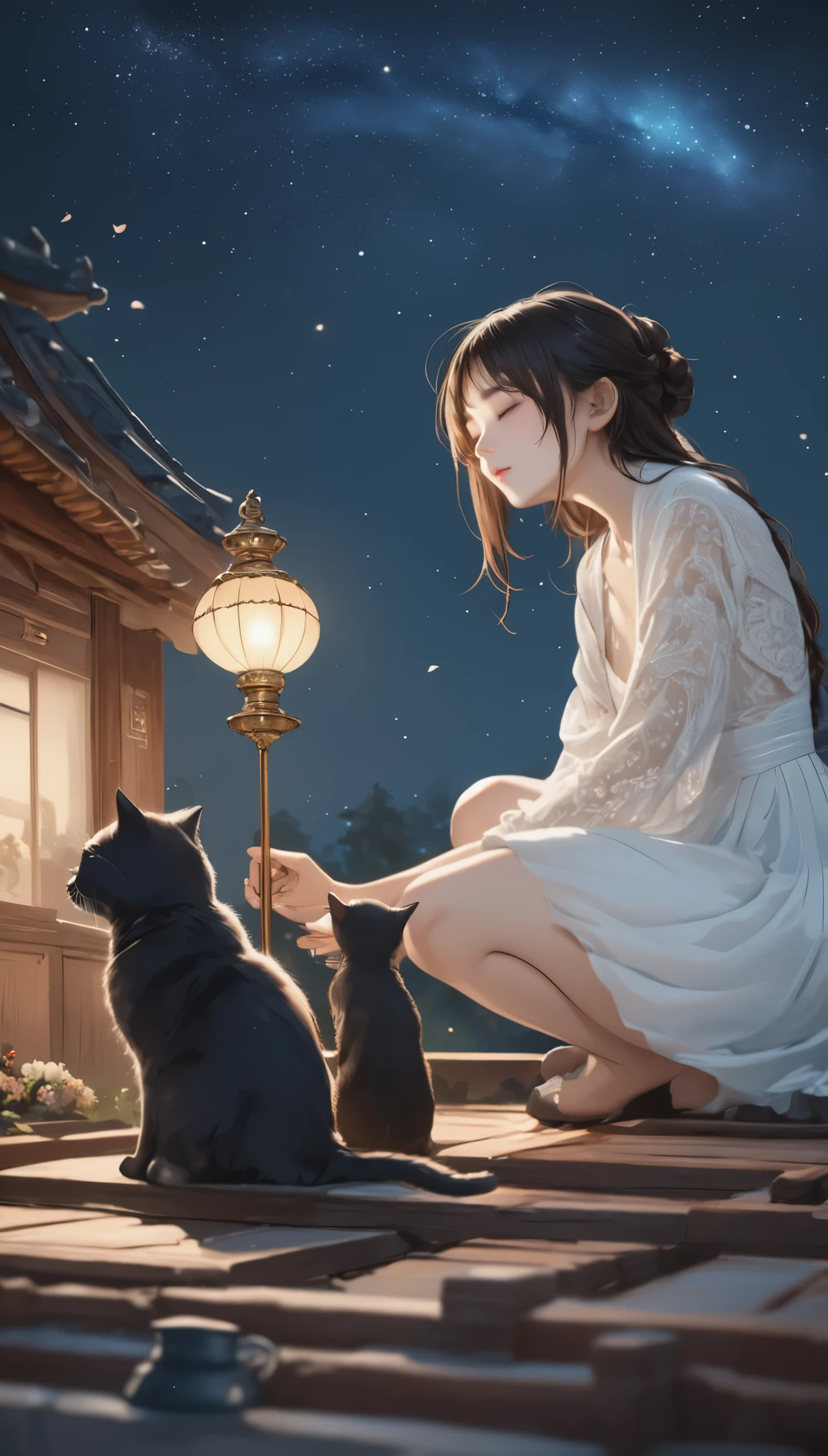 在星空下許願, 夜空如墨, 星星散落. 一個女孩和一隻黑貓坐在屋頂上, 旁邊有一盞小燈. 女孩閉上眼睛許願., 貓發出了難以理解的聲音., 彷彿在默默地祝福她, (傑作, 最好的品質, 專業的, 完美的構圖, 如此美麗, 荒誕, 超詳細, 複雜的細節:1.3)