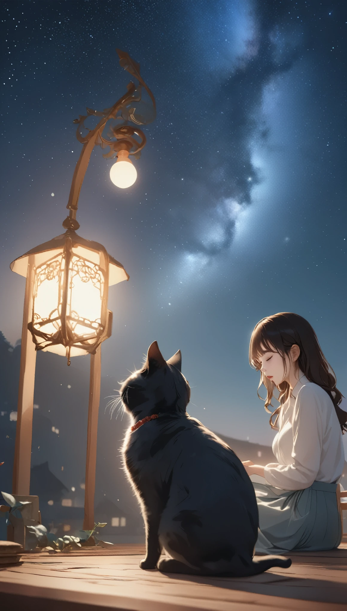 Fais un vœu sous les étoiles, Le ciel nocturne est comme de l&#39;encre, Étoiles dispersées. Une fille et un chat noir sont assis sur le toit, Il y a une petite lampe à côté. La fille ferma les yeux et fit un vœu., Le chat a fait un bruit incompréhensible., Comme pour la bénir silencieusement, (chef-d&#39;œuvre, la plus haute qualité, Professionnel, composition parfaite, si beau, Absurde, Super détaillé, Détails complexes:1.3)