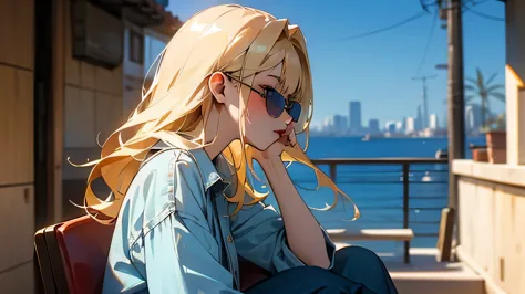 beautiful woman with blonde hair、wearing sunglasses、profile、cool vibe、wearing a denim shirt and jeans、mediterranean cityscape、ho...