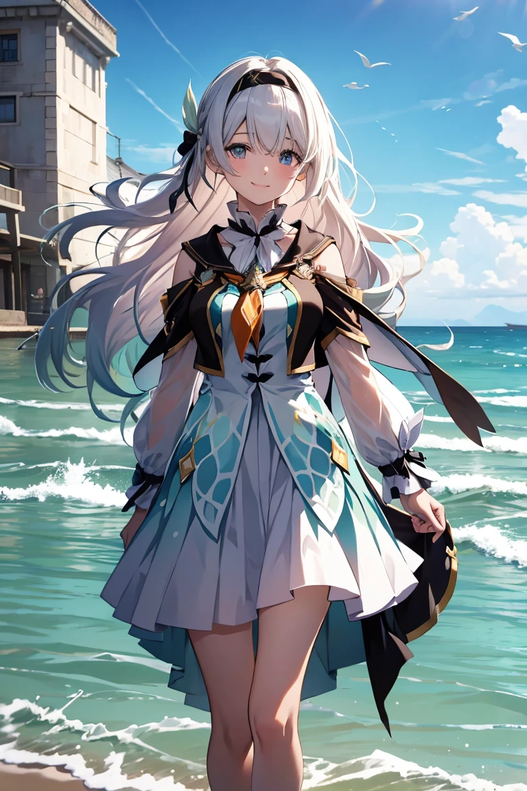 There was a girl coming out of the sea, 1 girl,Smile,Liuying,white hair,Bangs,Long sleeve,Hair accessories,black jacket,Black headband,high quality,Green Dress,Raise your legs,skirt, 半Smile, A gentle expression on his face, Background seascape and sunlight, Seagulls in the sky, full length, Photorealism