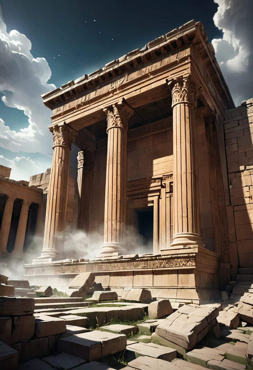 une civilisation très avancée construisant les ruines de Baalbek, géants extraterrestres effectuant des rituels, Singularité céleste, champ d&#39;énergie, cinématique, éclairage dramatique, brouillard volumétrique, Échelle épique, hyper détaillé, 8k, Détails complexes, couleurs maussades, ombres dramatiques, atmosphérique, photoréaliste, CGI primée