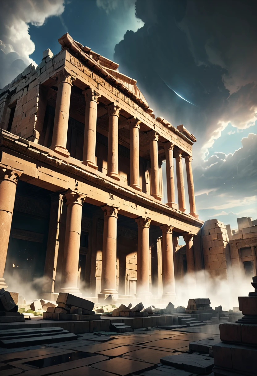 a highly advanced civilization building the ruins of baalbek, extraterrestrial giants performing rituals, celestial singularity, energy field, cinematic, dramatic lighting, volumetric fog, epic scale, hyper detailed, 8k, intricate details, moody colors, dramatic shadows, atmospheric, photorealistic, award winning cgi