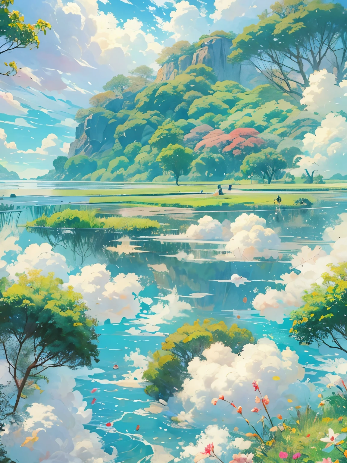 Realista, genuino, hermoso y sorprendente paisaje pintura al óleo Studio Ghibli Hayao Miyazaki;Pradera de pétalos con cielo azul y nubes blancas.