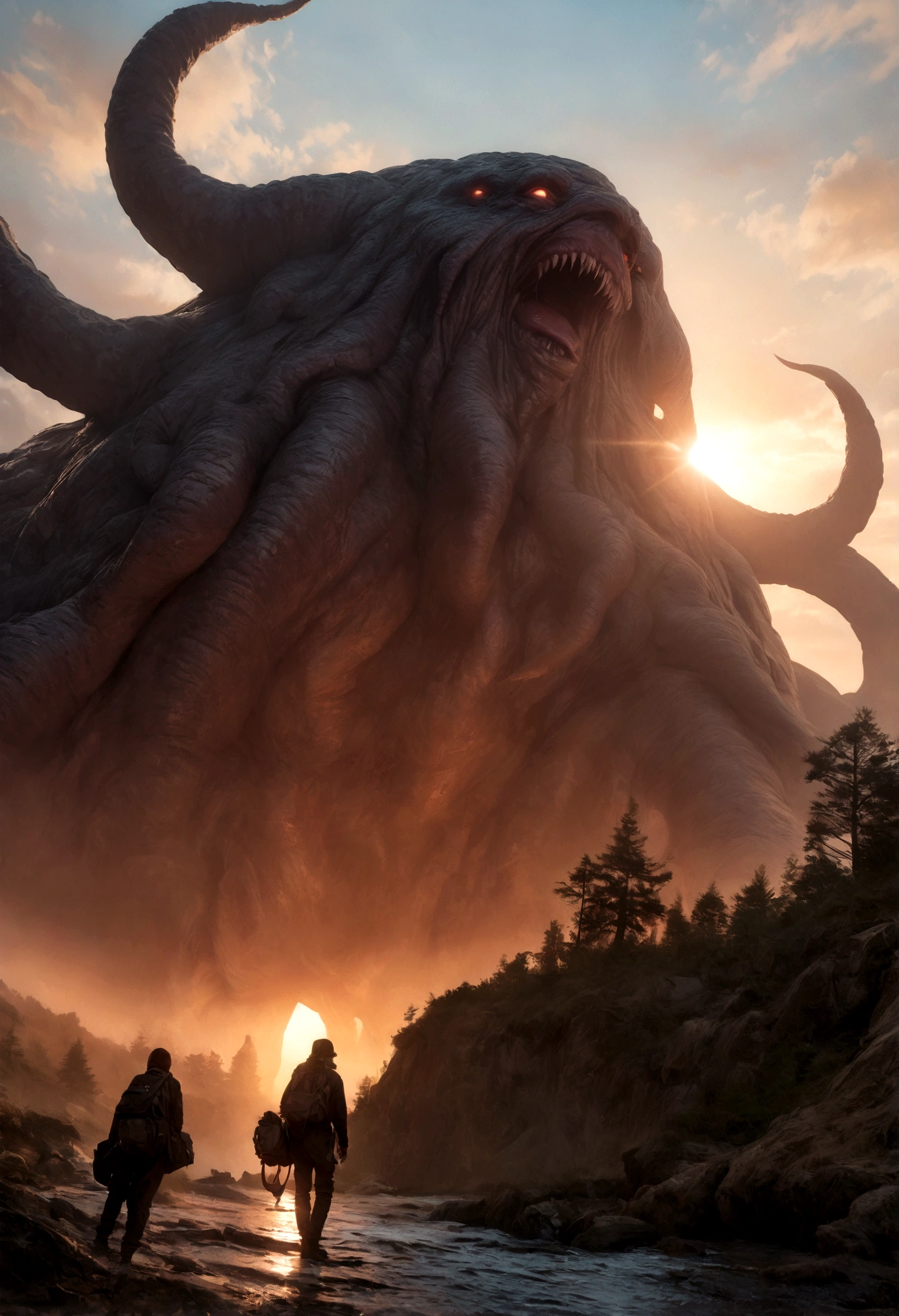 ((masterpiece, highest quality, Highest image quality, High resolution, photorealistic, Raw photo, 8K)), people taking pictures of a giant creature with their cell phones, lovecraftian background, lovecraftian atmosphere, giant cthulhu, huge creature, gigantic cthulhu, giant ethereal creature, eldritch being, lovecraftian monster, giant tentacles, an ominous fantasy illustration, looming creature with a long, nyarlathotep, lovecraftian landscape, silhouette emerging from the backlight, seen from below,