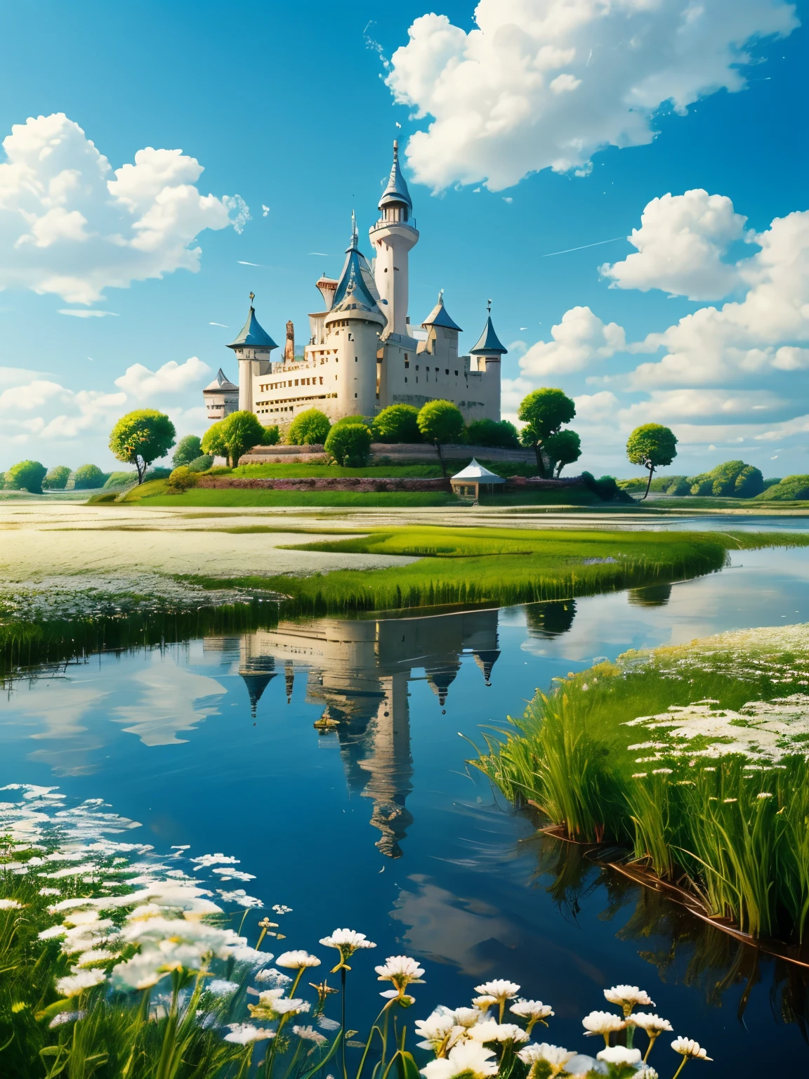 Realistic, Genuine, Beautiful and wonderful landscape, oil, Studio Ghibli, Hayao Miyazaki, Petal meadow with blue sky and white clouds, floating clouds, Floating Island, floating castle