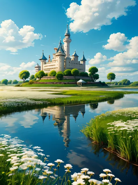 Realistic, Genuine, Beautiful and wonderful landscape, oil, Studio Ghibli, Hayao Miyazaki, Petal meadow with blue sky and white ...