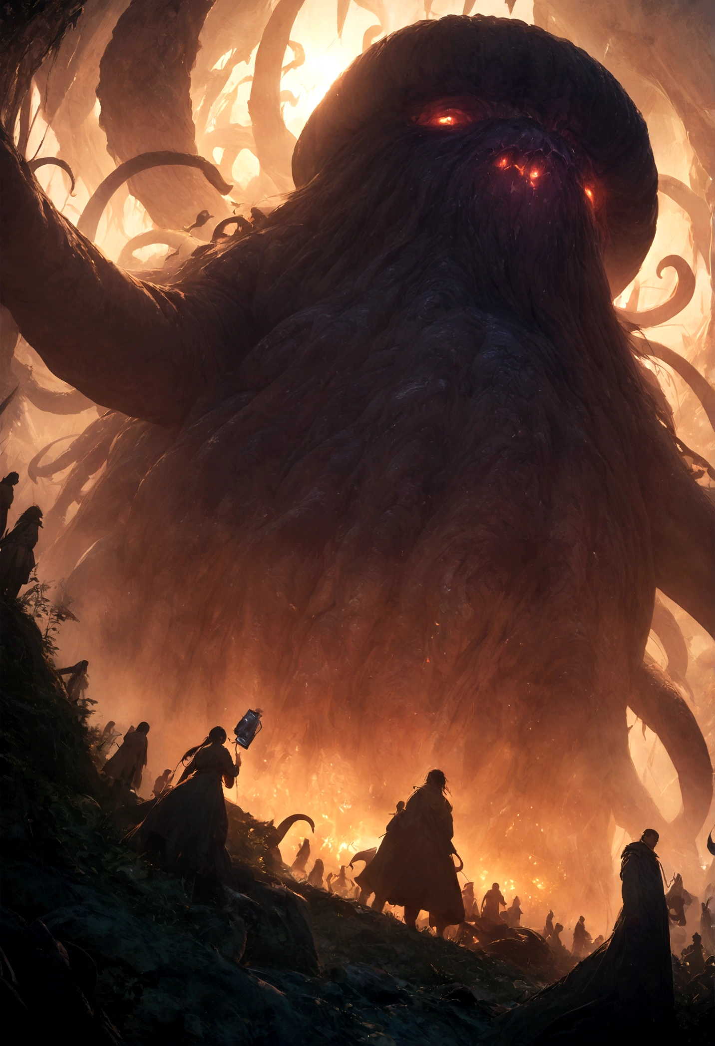 ((masterpiece, highest quality, Highest image quality, High resolution, photorealistic, Raw photo, 8K)), ((people taking pictures of a giant creature with their cell phones:1.5)), lovecraftian background, lovecraftian atmosphere, giant cthulhu, huge creature, gigantic cthulhu, giant ethereal creature, eldritch being, lovecraftian monster, giant tentacles, an ominous fantasy illustration, looming creature with a long, nyarlathotep, lovecraftian landscape, silhouette emerging from the backlight, seen from below,