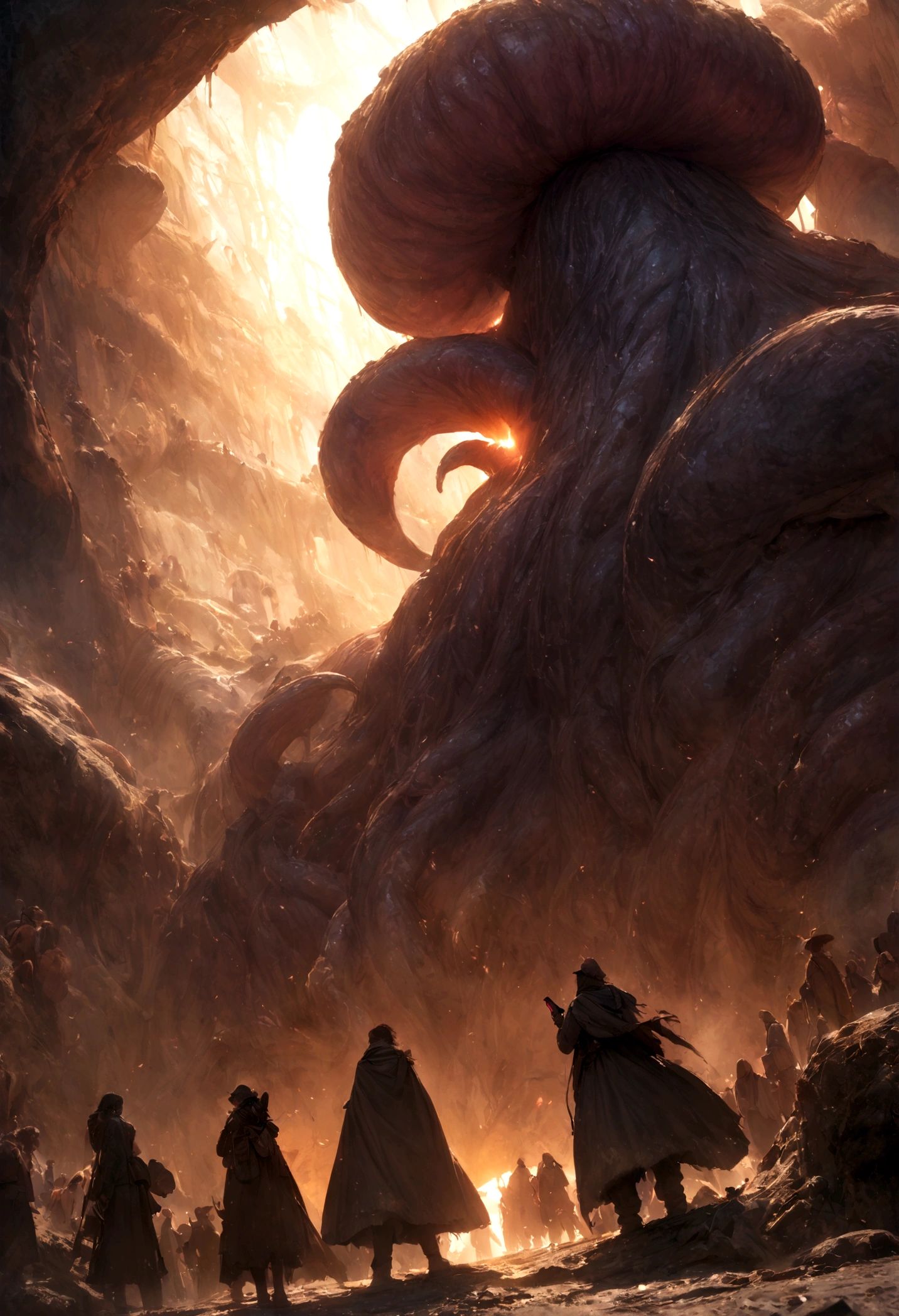 ((masterpiece, highest quality, Highest image quality, High resolution, photorealistic, Raw photo, 8K)), ((people taking pictures of a giant creature with their cell phones:1.5)), lovecraftian background, lovecraftian atmosphere, giant cthulhu, huge creature, gigantic cthulhu, giant ethereal creature, eldritch being, lovecraftian monster, giant tentacles, an ominous fantasy illustration, looming creature with a long, nyarlathotep, lovecraftian landscape, silhouette emerging from the backlight, seen from below,