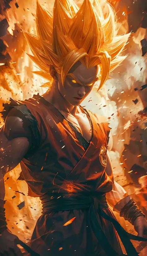 (best quality,ultra-detailed,realistic:1.37),Super Saiyan one,traditional Japanese background,epic illustration,incredible detai...