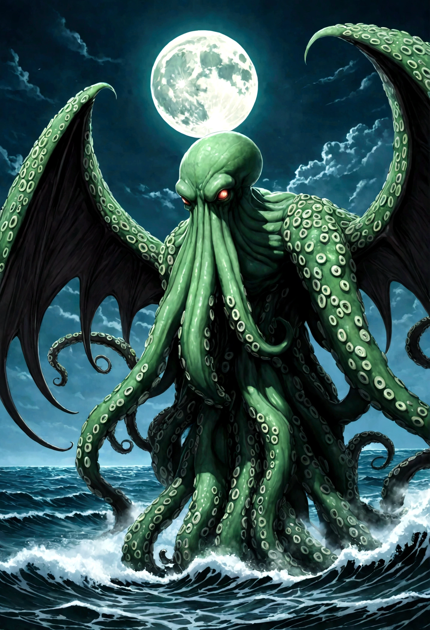 Cthulu (huge powerful humanoid, green skin, octopus like head with many tentacles, enormous leathery wings)rises from the sea, full moon