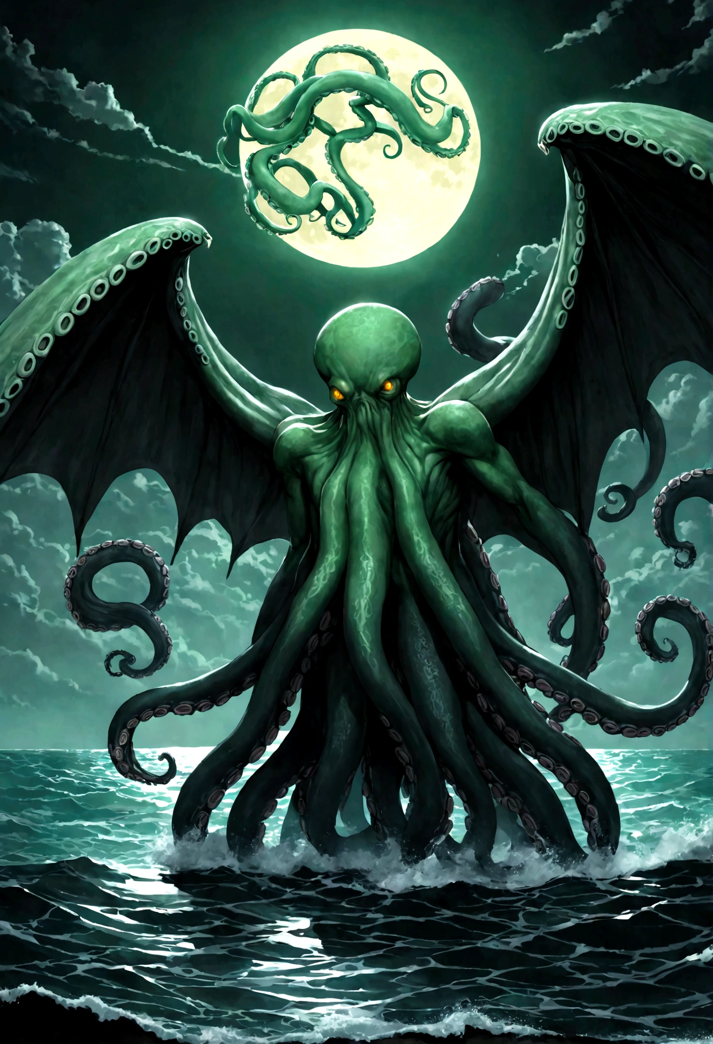 Cthulu (huge powerful humanoid, green skin, octopus like head with many tentacles, enormous leathery wings)rises from the sea, full moon