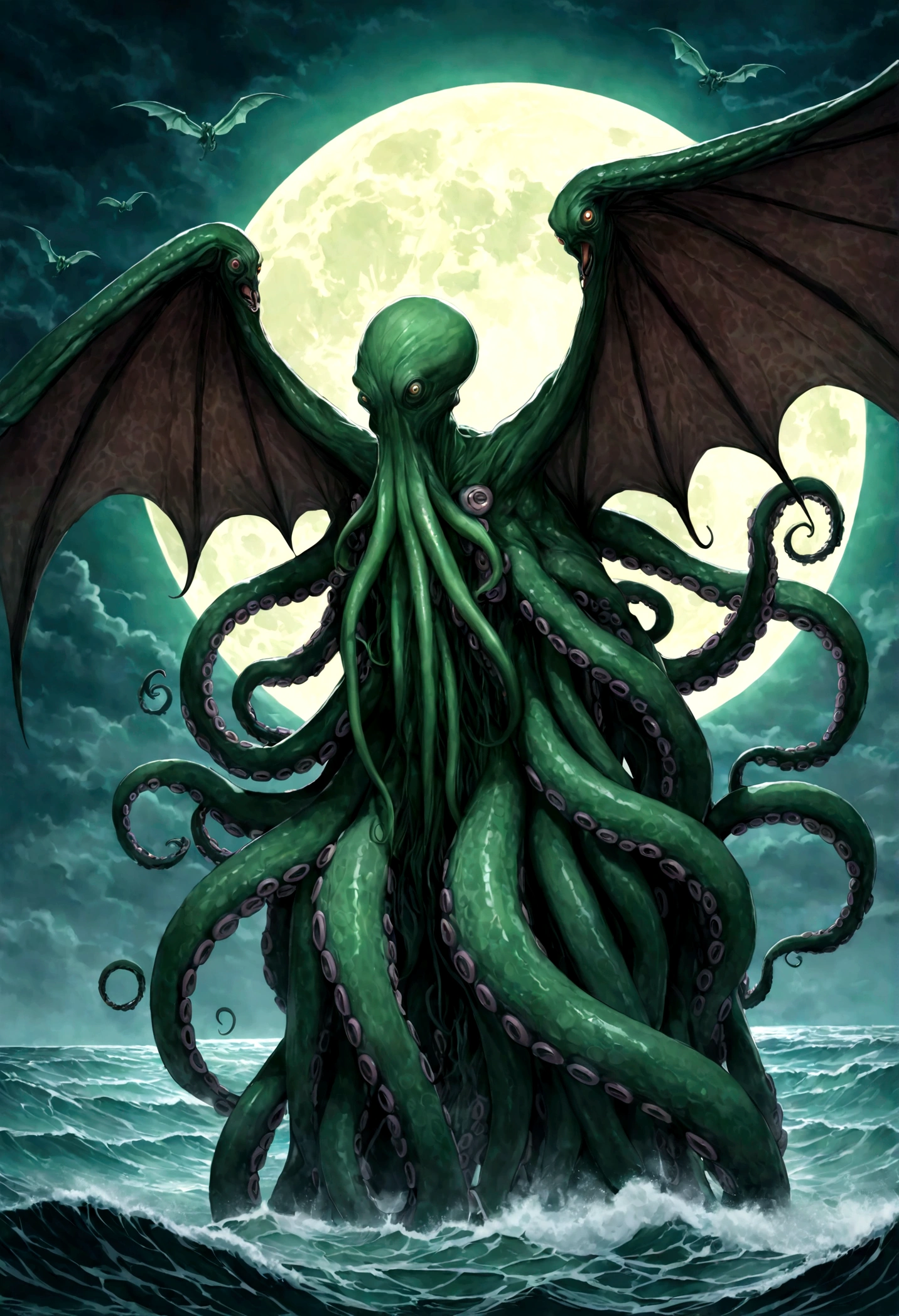 Cthulu (huge powerful humanoid, green skin, octopus like head with many tentacles, enormous leathery wings)rises from the sea, full moon