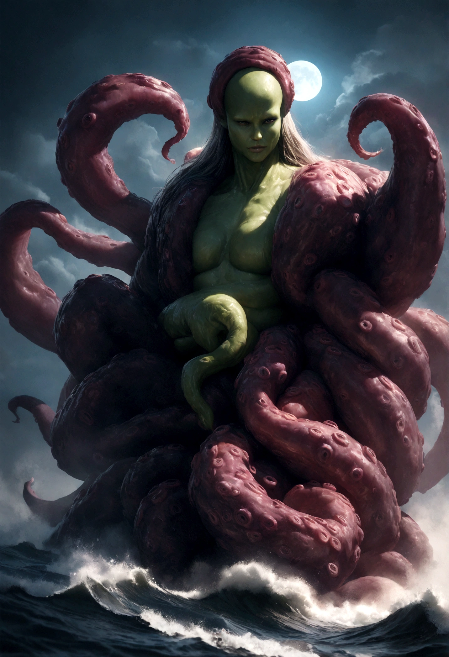 Cthulu (huge powerful humanoid, green skin, octopus like head with many tentacles, enormous leathery wings)rises from the sea, full moon