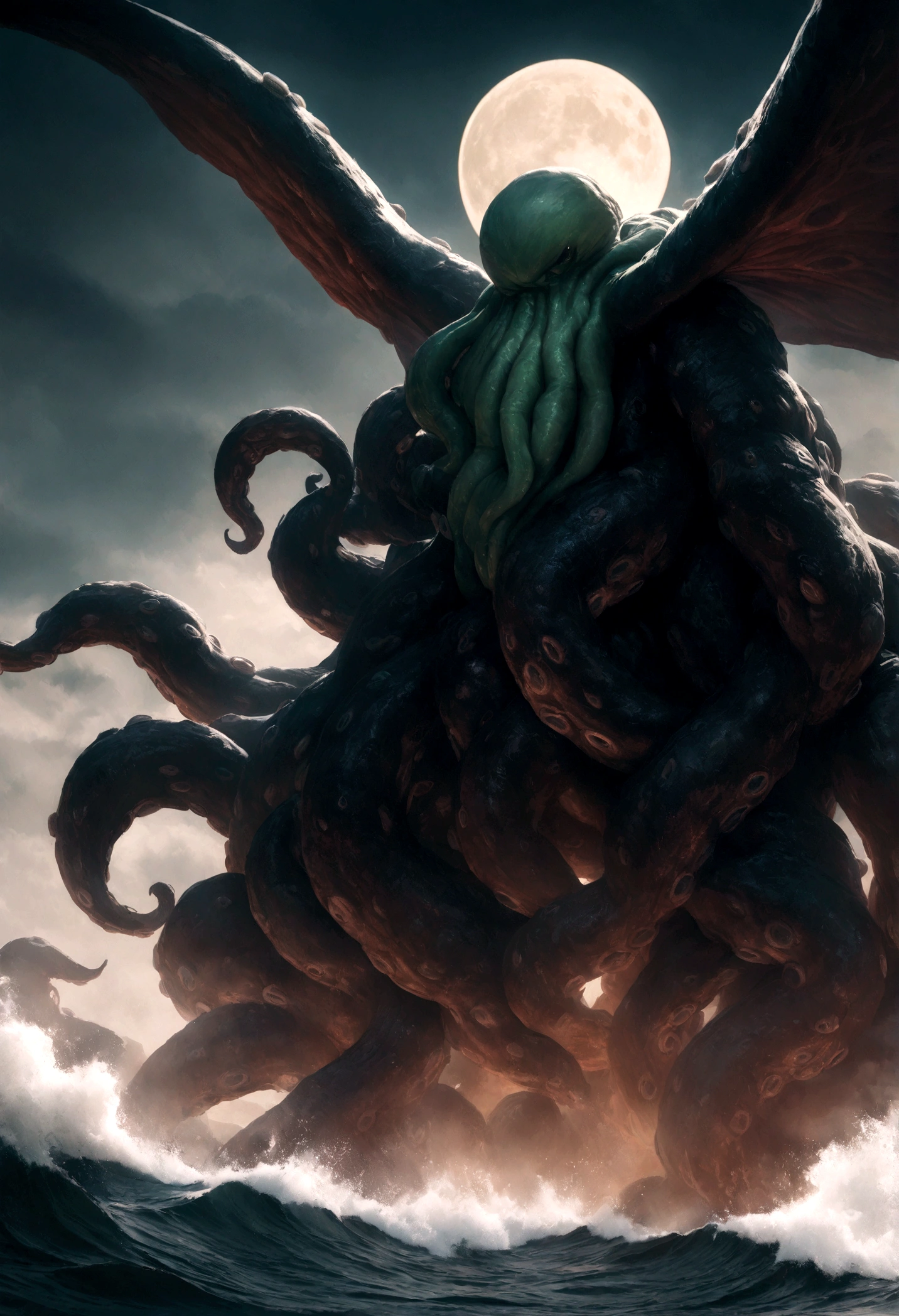 Cthulu (huge powerful humanoid, green skin, octopus like head with many tentacles, enormous leathery wings)rises from the sea, full moon