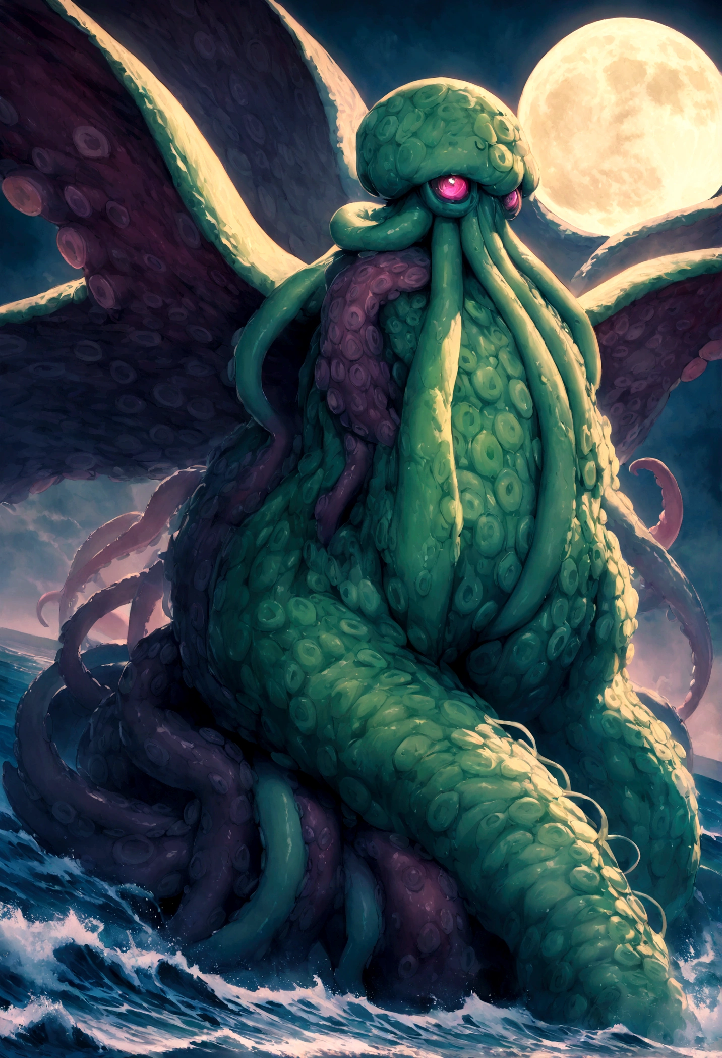 Cthulu (huge powerful humanoid, green skin, octopus like head with many tentacles, enormous leathery wings)rises from the sea, full moon