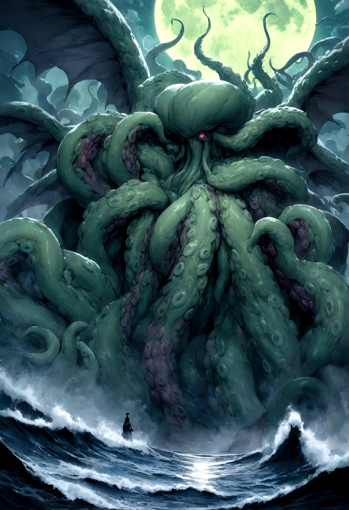 Cthulu (huge powerful humanoid, green skin, octopus like head with many tentacles, enormous leathery wings)rises from the sea, full moon