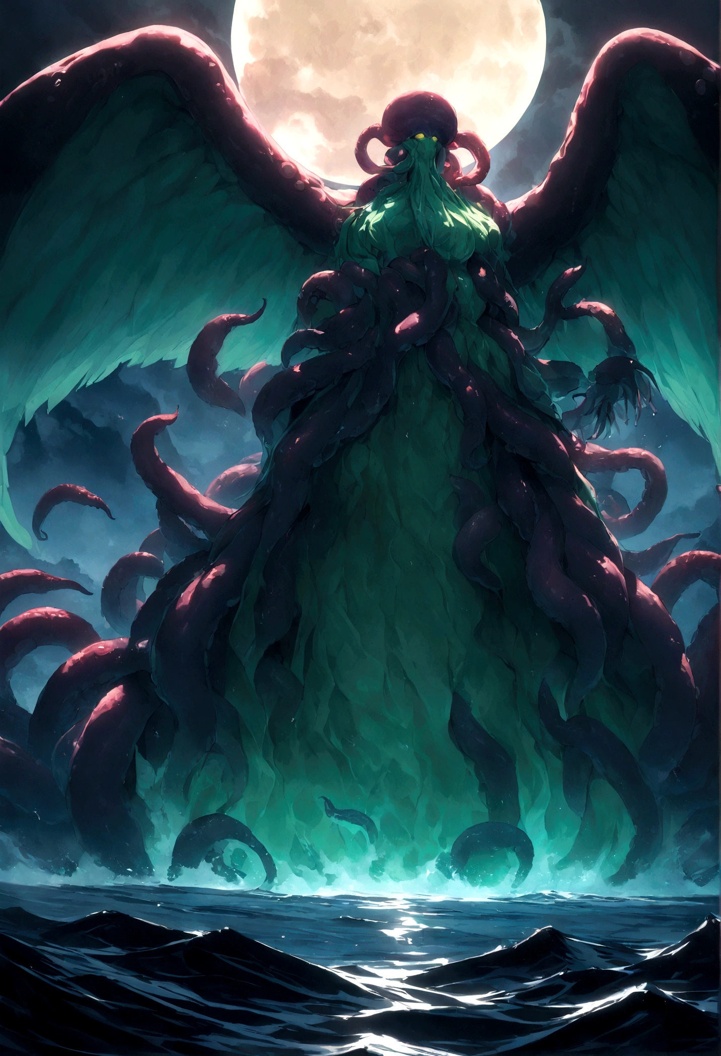 Cthulu (huge powerful humanoid, green skin, octopus like head with many tentacles, enormous leathery wings)rises from the sea, full moon