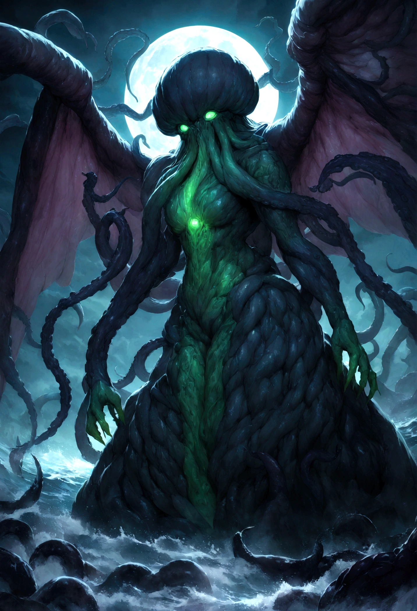 Cthulu (huge powerful humanoid, green skin, octopus like head with many tentacles, enormous leathery wings)rises from the sea, full moon