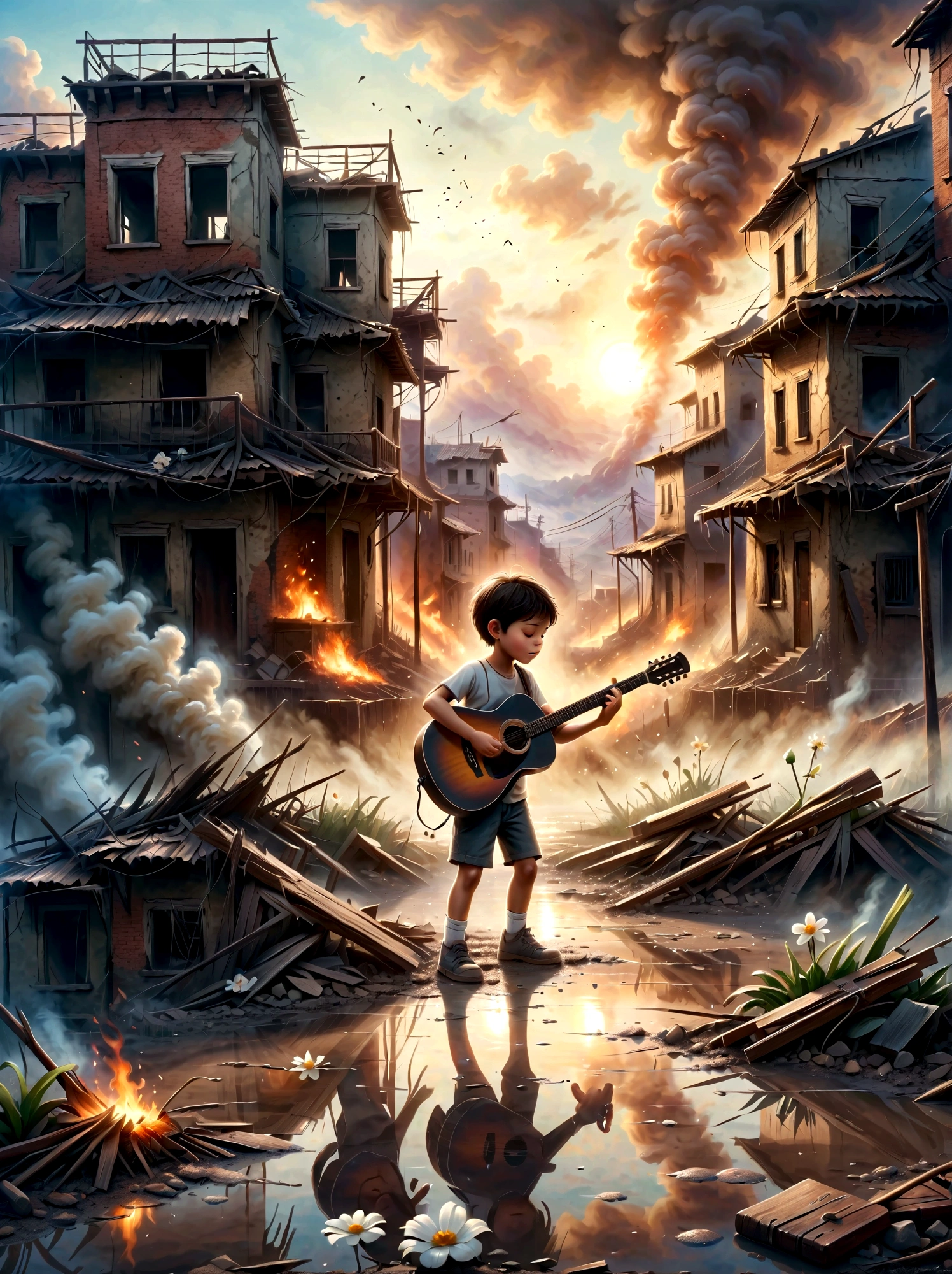 戦争の真っ只中, スモッグの廃墟, Aはギターを弾いている. このシーンは周囲の荒廃と人々の無邪気さの鮮明な対比を捉えている。。 . 廃墟には瓦礫や建物が溢れている, 煙と炎の背景. 子供&#39;表情はとても暗い, 厳しい現実を反映. 全体的な雰囲気は感動的で感動的である, 柔らかい色彩とドラマチックな照明を使って、音楽が表す荒廃と希望を強調します。..泥だらけの地面に小さな白い花が咲いた