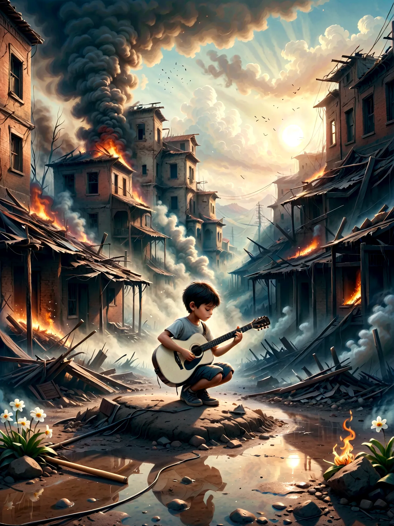 In the midst of war, Smoggy ruins, A child is playing guitar. This scene captures the stark contrast between the devastation of ...