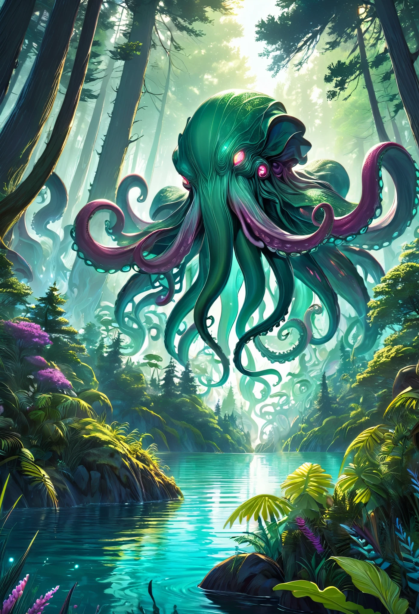 best quality, super fine, 16k, extremely detailed, 2.5D, delicate and dynamic, Cthulhu, floating on a forest lake, iridescent effects