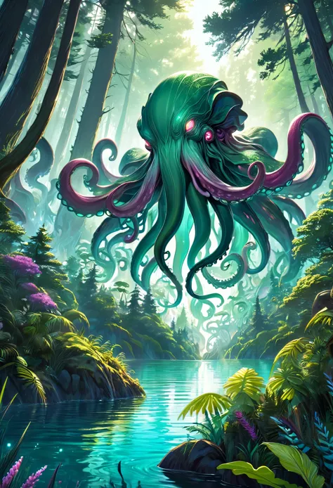 best quality, super fine, 16k, extremely detailed, 2.5D, delicate and dynamic, Cthulhu, floating on a forest lake, iridescent ef...