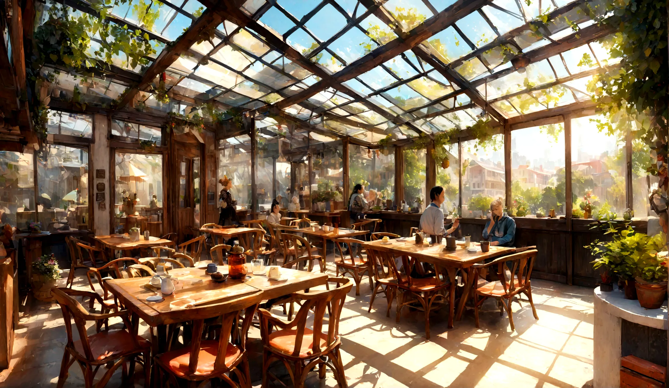 Coffee, Glass roof, Strong outdoor sunlight, restaurant, architecture, modernism, Super realistic design,  wood, Chair, table, O...