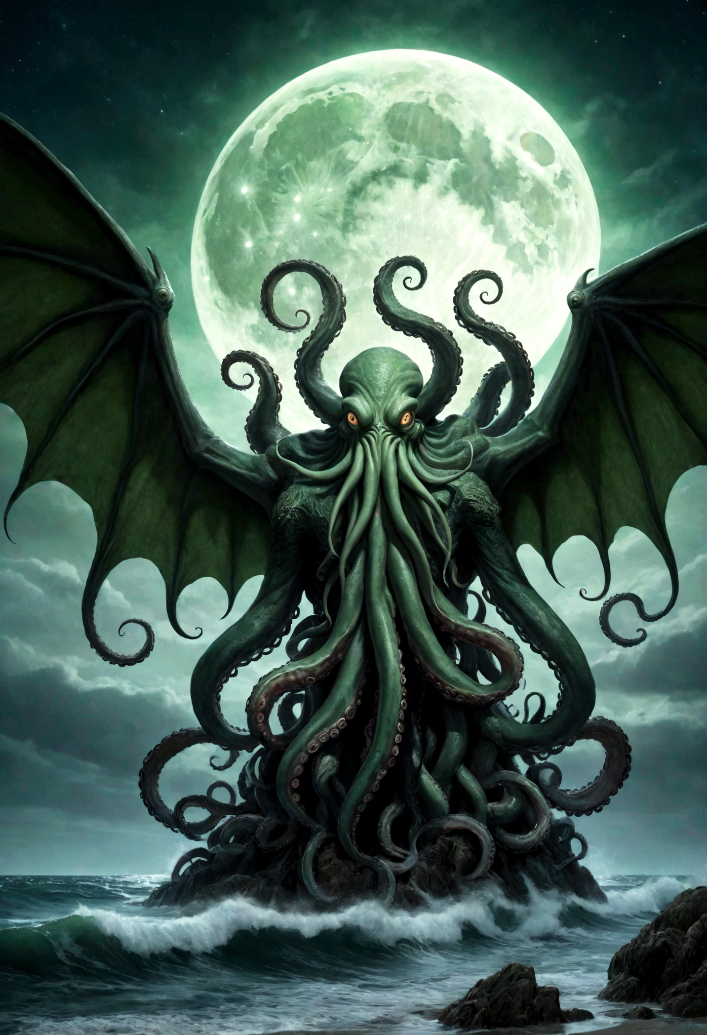 Cthulu (huge powerful humanoid, green skin, octopus like head with many tentacles, enormous leathery wings)rises from the sea, full moon