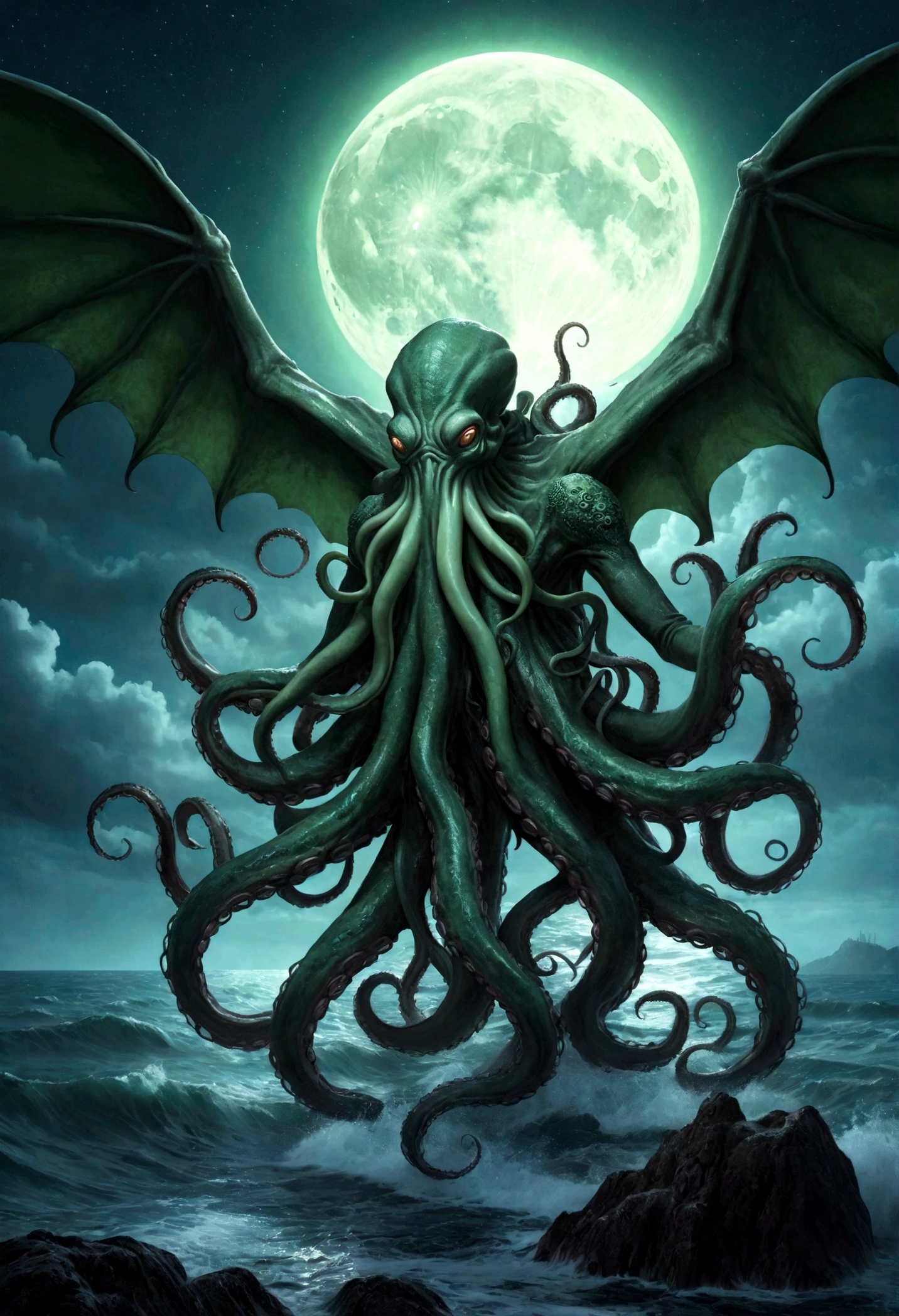 Cthulu (huge powerful humanoid, green skin, octopus like head with many tentacles, enormous leathery wings)rises from the sea, full moon