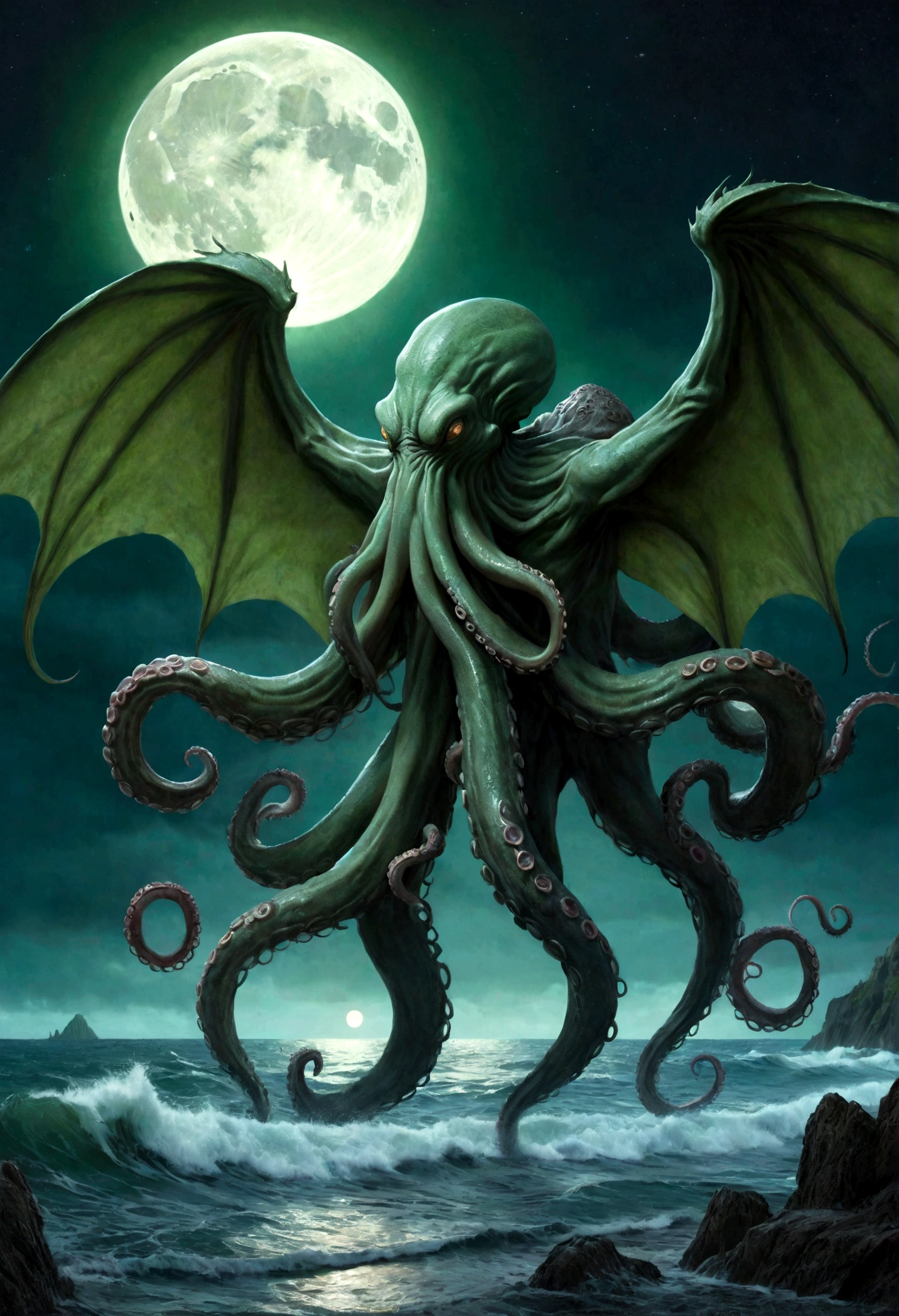 Cthulu (huge powerful humanoid, green skin, octopus like head with many tentacles, enormous leathery wings)rises from the sea, full moon