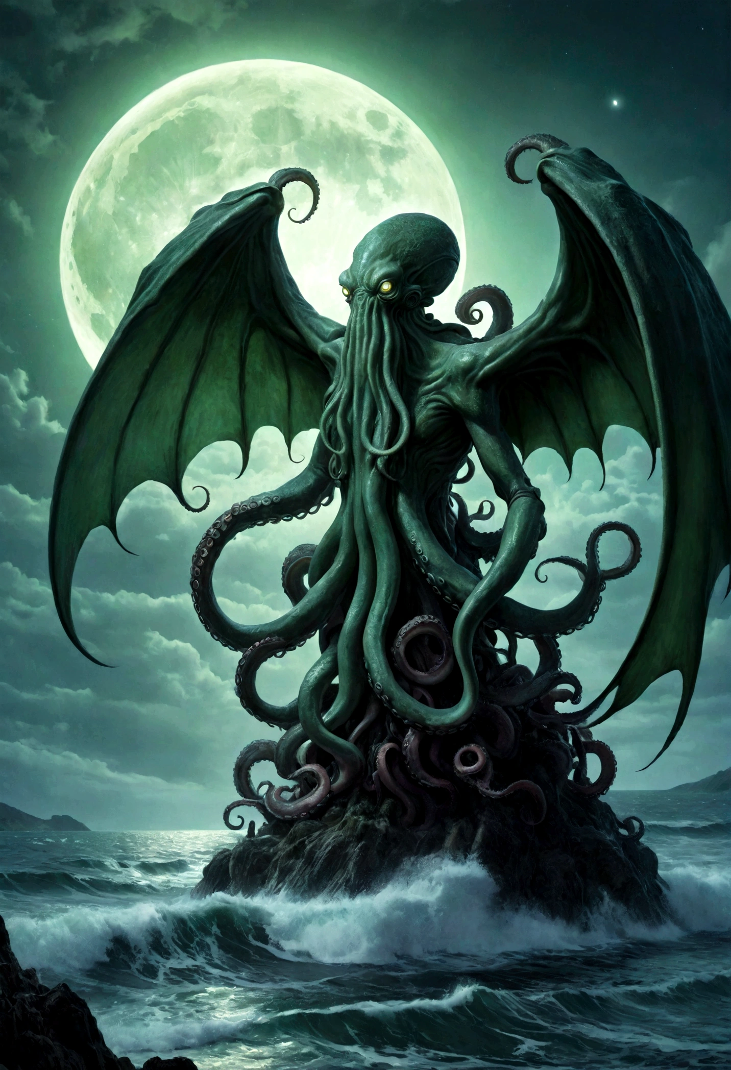 Cthulu (huge powerful humanoid, green skin, octopus like head with many tentacles, enormous leathery wings)rises from the sea, full moon