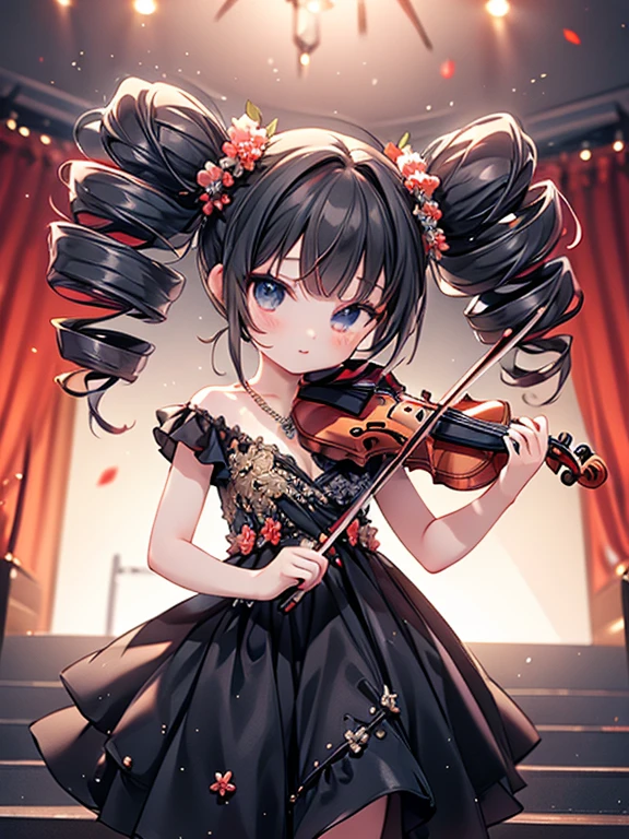 masterpiece, highest quality, Very detailed, 16k, Ultra-high resolution, 17-year-old girl, Detailed face, Anatomically correct, black eye, Black Hair, Long Hair, Drill Hair, (mega twin drills:1.5), (Red dress:1.5), Shoulder-to-shoulder clothing, Skirt with a widened hem, necklace, stage, Chair, sit, violin, 少女はChairに座ってviolinを演奏する