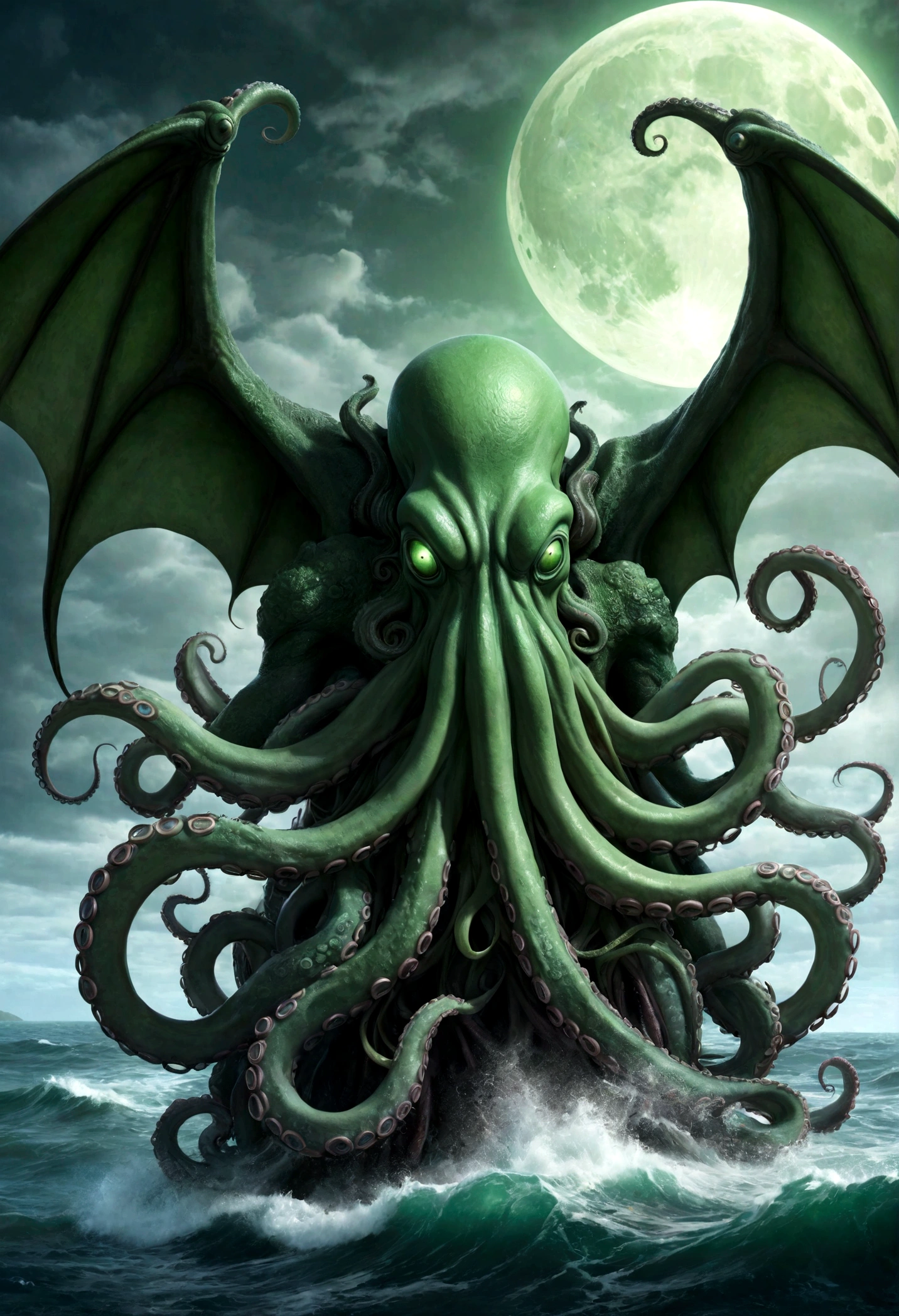 Cthulu (huge powerful humanoid, green skin, octopus like head with many tentacles, enormous leathery wings)rises from the sea, full moon