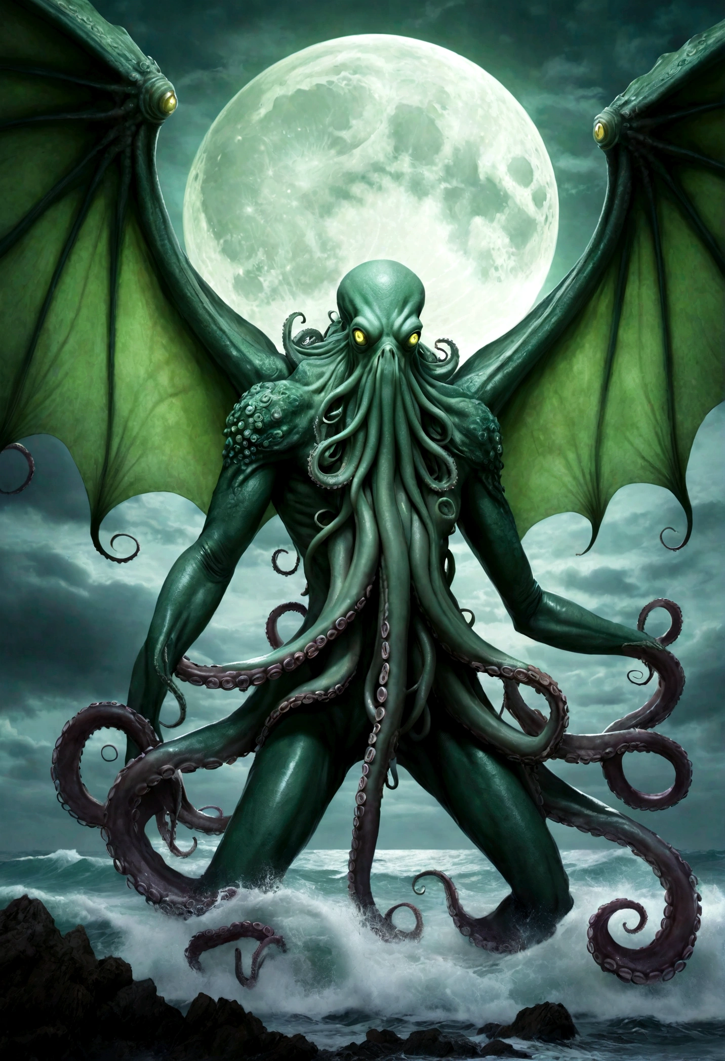 Cthulu (huge powerful humanoid, green skin, octopus like head with many tentacles, enormous leathery wings)rises from the sea, full moon