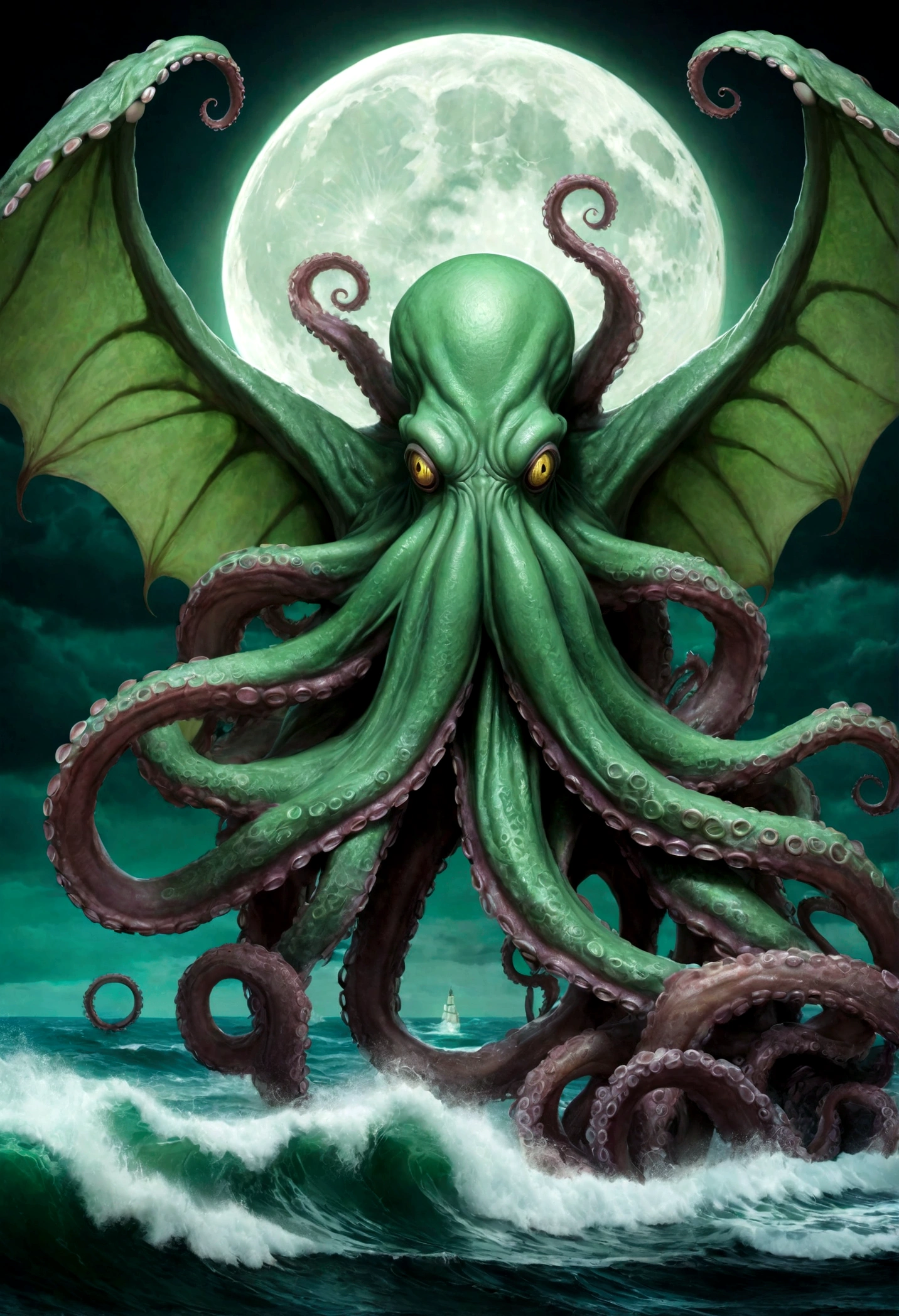 Cthulu (huge powerful humanoid, green skin, octopus like head with many tentacles, enormous leathery wings)rises from the sea, full moon