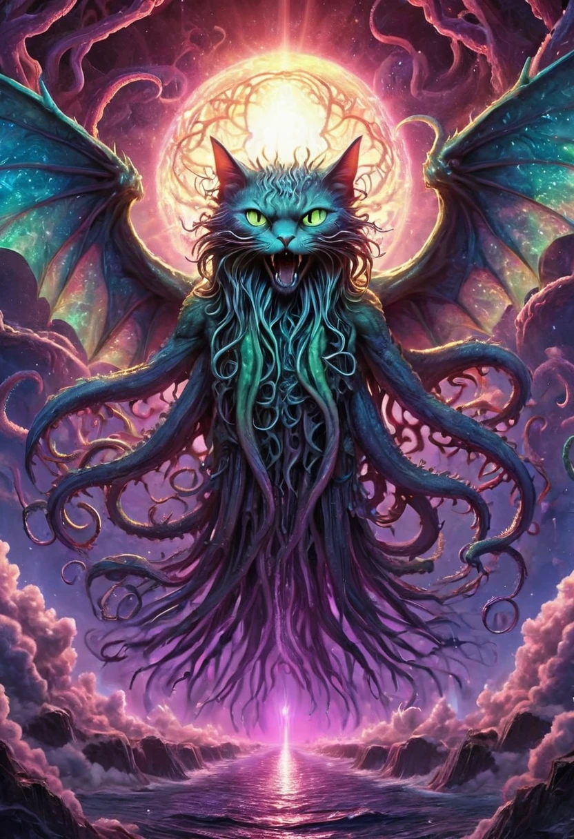 High Resolution, High Quality, Masterpiece. Cathulhu, a fusion of Cthulhu and a cat, descends joyfully upon the planet, wings and tentacles unfurling, surrounded by a halo effect of neon fractal light, blacklight art style, surrealism meets hyperrealism, backdrop of deep, saturated cosmic void, watercolor texture, trending on ArtStation aesthetics, sharp focus, Greg Rutkowski's signature detailed style, octane rendering, intricate detailing enhancing hyperrealistic forms, dramatic lighting. 4K. 