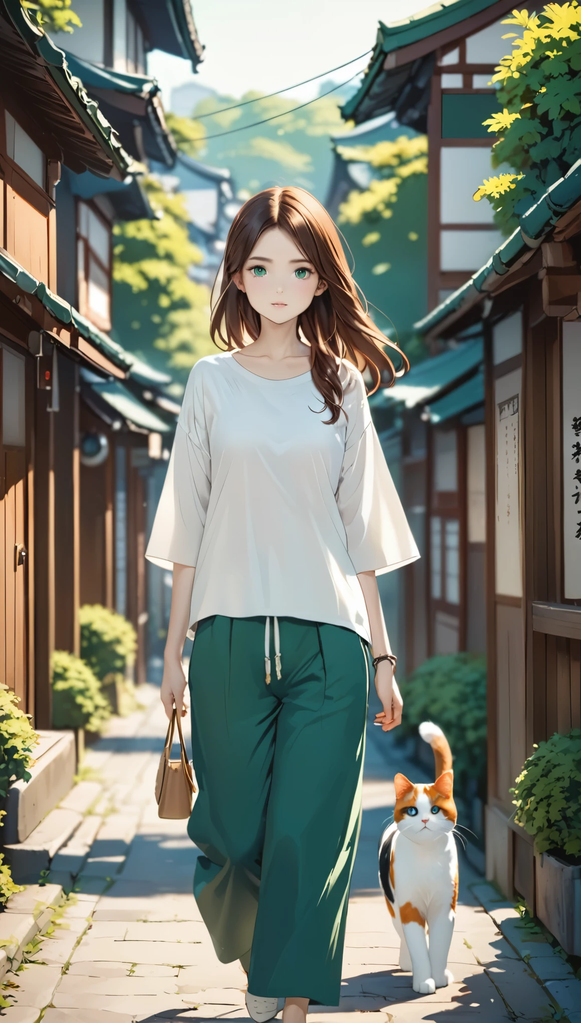 A girl and a calico cat、pretty girl、Calico cat walking with a girl、A girl and a calico cat walking on a promenade、PrintＴshirt、3/4 length pants、Old Japan cityscape、Green Road、Different world、Create silence、