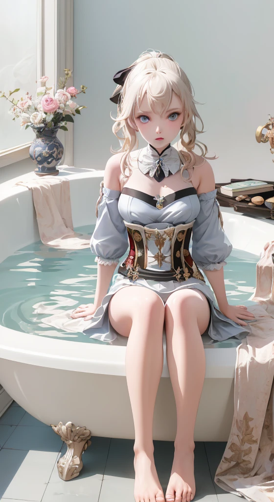 tmasterpiece，with a pure white background，8K art photography, realism concept art, Soft, Natural volume cinematic perfect light, epic, Popular topics on artstationh, a vibrant one, production cinematic character render, super high-quality model, lightand shade contrast，Anime girl sitting cross-legged in the bathtub，Bareleged，The barefoot，Hand detail， five finger，perfect  eyes，eyes are very detailed，with a round face，with her mouth open，tear drop，Raised sexy，plum，Bigchest，Blonde hair, Long gray hair,eBlue eyes,pony tails, Separate collar,Capulet, Lop, No shoulder strap, Split sleeves,Corset,obi strip