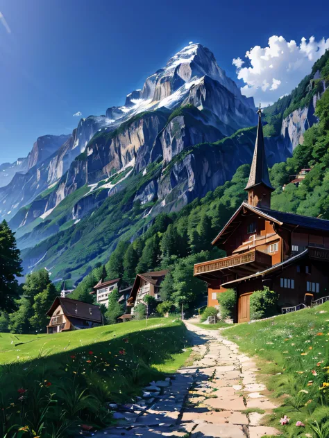 there is a small path going up a hill with a church in the background, lauterbrunnen valley, in the swiss alps, swiss alps, swit...