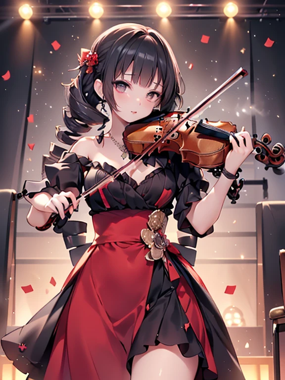 masterpiece, highest quality, Very detailed, 16k, Ultra-high resolution, 17-year-old girl, Detailed face, Anatomically correct, black eye, Black Hair, Long Hair, Drill Hair, (mega twin drills:1.5), (Red dress:1.5), Shoulder-to-shoulder clothing, Skirt with a widened hem, necklace, stage, Chair, sit, (violin:1.5), (少女はChairに座ってviolinを演奏する:1.5)