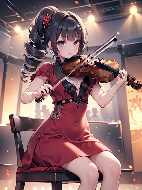 masterpiece, highest quality, Very detailed, 16k, Ultra-high resolution, 17-year-old girl, Detailed face, Anatomically correct, black eye, Black Hair, Long Hair, Drill Hair, (mega twin drills:1.5), (Red dress:1.5), Shoulder-to-shoulder clothing, Skirt with a widened hem, necklace, stage, Chair, sit, (violin:1.5), (少女はChairに座ってviolinを演奏する:1.5)