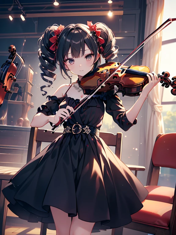 masterpiece, highest quality, Very detailed, 16k, Ultra-high resolution, 17-year-old girl, Detailed face, Anatomically correct, black eye, Black Hair, Long Hair, Drill Hair, (mega twin drills:1.5), (Red dress:1.5), Shoulder-to-shoulder clothing, Skirt with a widened hem, necklace, stage, Chair, sit, (violin:1.5), (少女はChairに座ってviolinを演奏する:1.5)