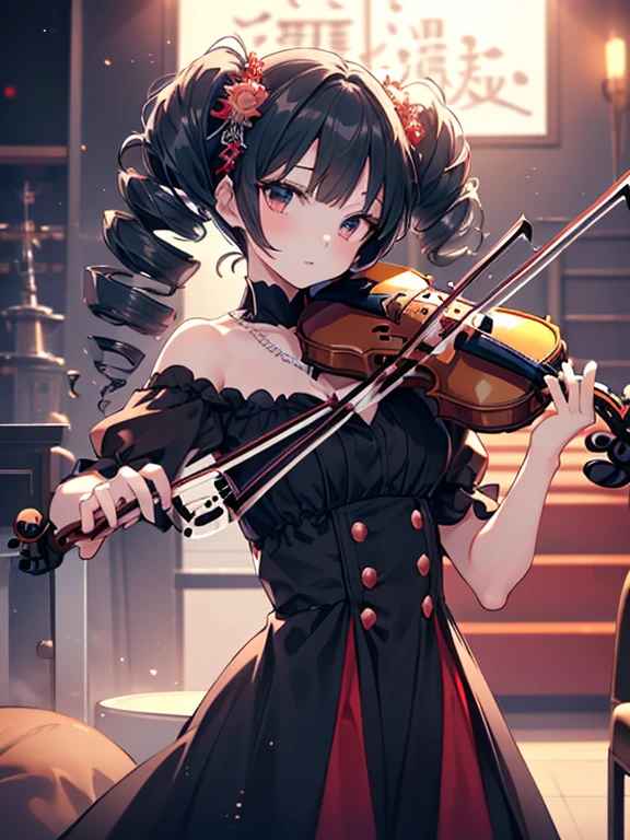 masterpiece, highest quality, Very detailed, 16k, Ultra-high resolution, 17-year-old girl, Detailed face, Perfect Fingers, Anatomically correct, black eye, Black Hair, Long Hair, Drill Hair, (mega twin drills:1.5), (Red dress:1.5), Shoulder-to-shoulder clothing, Skirt with a widened hem, necklace, stage, (violin:1.5), (少女はviolinを演奏する:1.5)