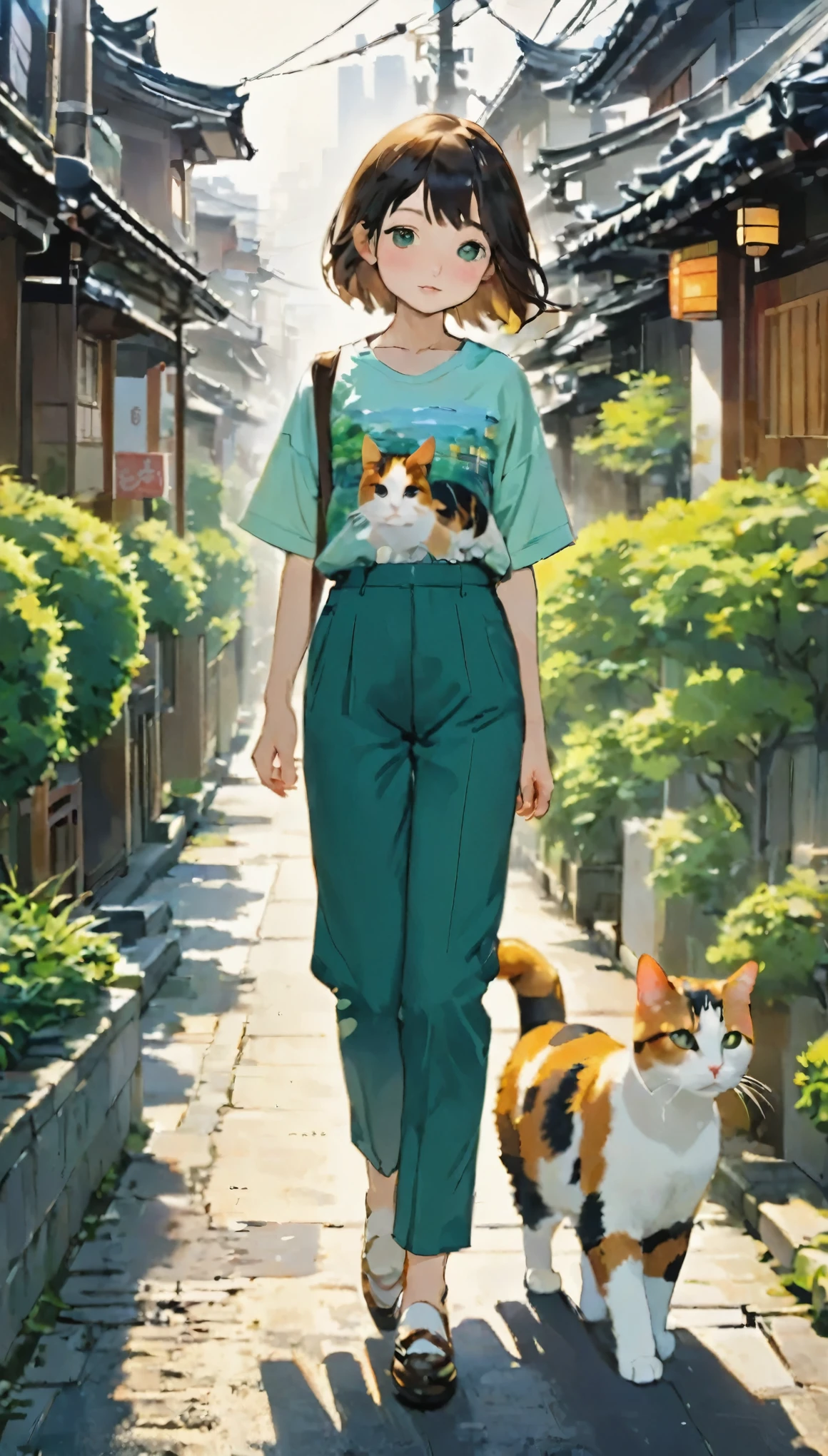 A girl and a calico cat、pretty girl、Calico cat walking with a girl、A girl and a calico cat walking on a promenade、PrintＴshirt、3/4 length pants、Old Japan cityscape、Green Road、Different world、Create silence、